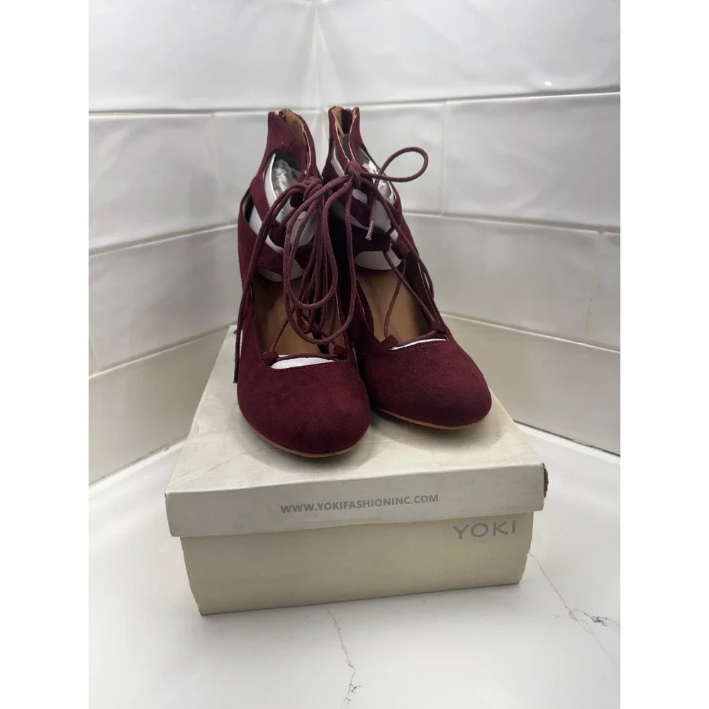 Heels burgundy lace up 8.5 women's Loki brand